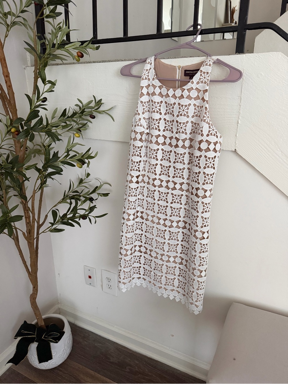 Johnston & Murphy Elisa Style White Eyelet Lace Overlay Mini Dress